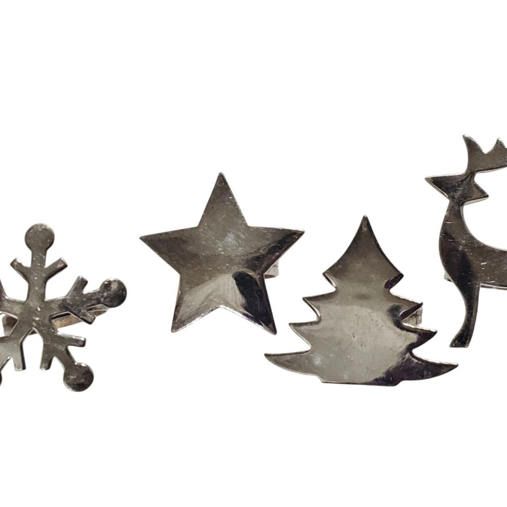 4 Vintage Christmas Napkin Rings Snowflake Star Tree Deer Design silvertone